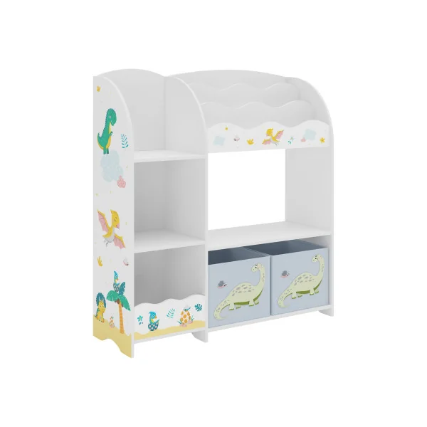Bibliothèque Étagère Jouets pour Enfant Rangement Livres Thème Dinosaures 2 Bacs Amovibles