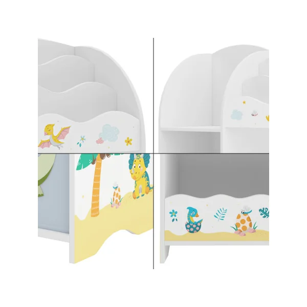 Bibliothèque Étagère Jouets pour Enfant Rangement Livres Thème Dinosaures 2 Bacs Amovibles