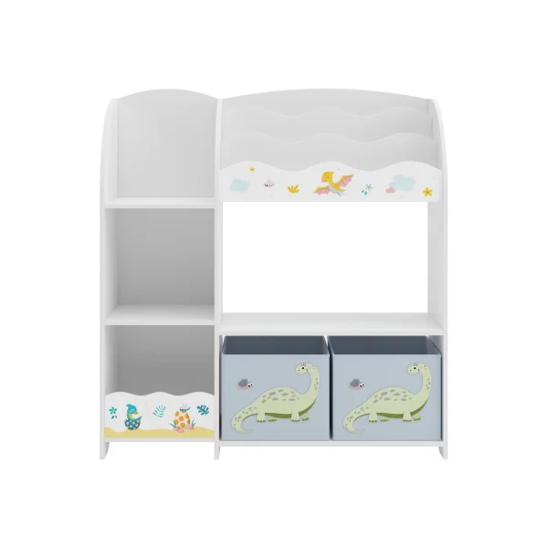 Bibliothèque Étagère Jouets pour Enfant Rangement Livres Thème Dinosaures 2 Bacs Amovibles