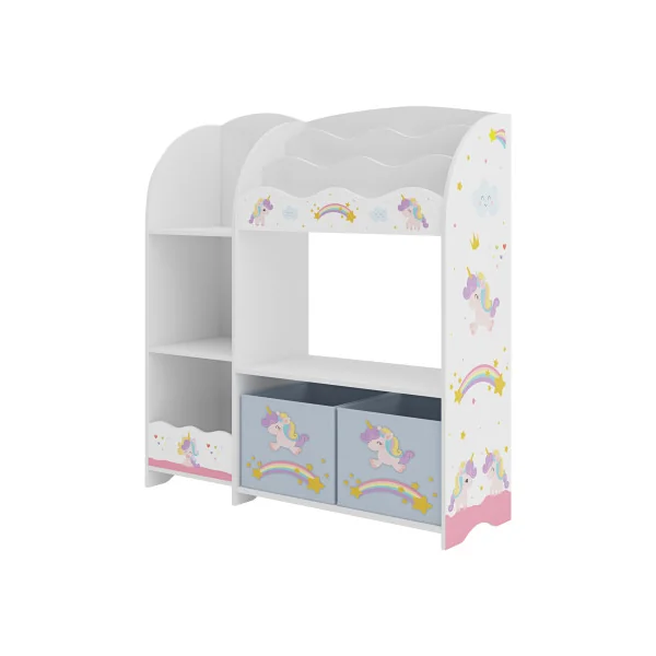 Bibliothèque Étagère Jouets pour Enfant Rangement Livres Thème Licornes 2 Bacs Amovibles