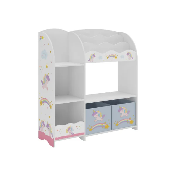 Bibliothèque Étagère Jouets pour Enfant Rangement Livres Thème Licornes 2 Bacs Amovibles