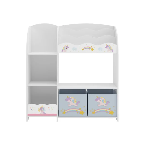 Bibliothèque Étagère Jouets pour Enfant Rangement Livres Thème Licornes 2 Bacs Amovibles