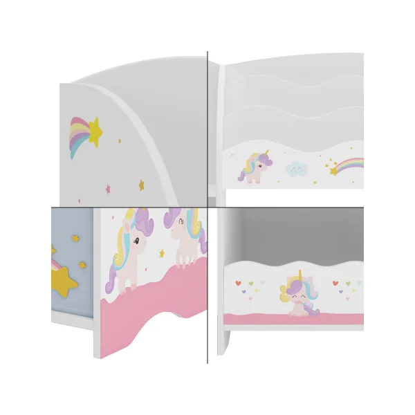 Bibliothèque Étagère Jouets pour Enfant Rangement Livres Thème Licornes 2 Bacs Amovibles