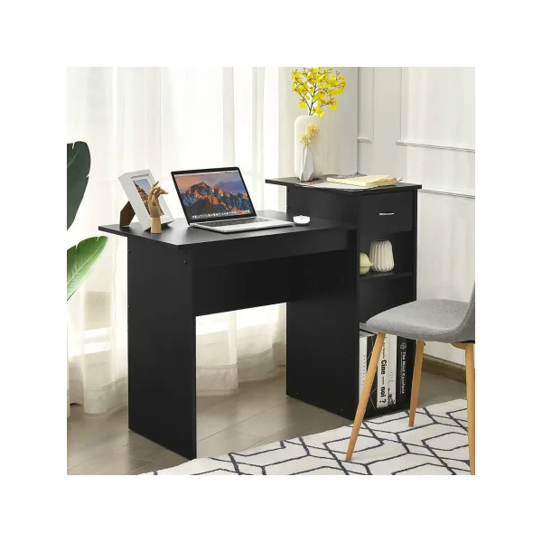 Bureau Noir avec avec Tiroir et 2 Compartiments de Rangement Bureau Informatique Bureau d'Ordinateur