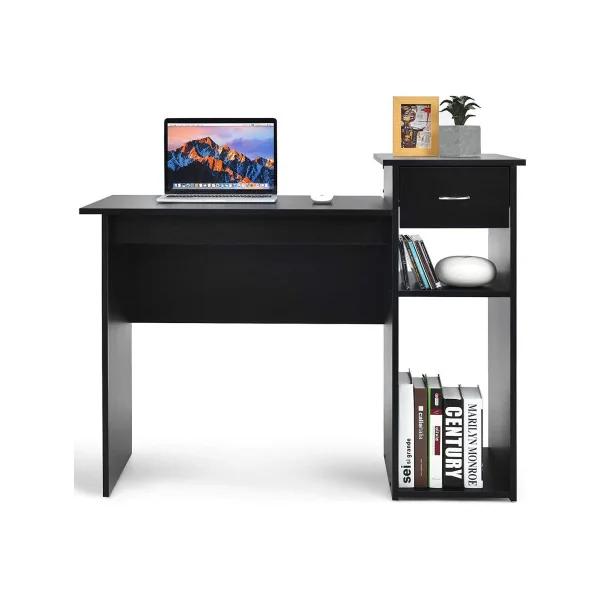 Bureau Noir avec avec Tiroir et 2 Compartiments de Rangement Bureau Informatique Bureau d'Ordinateur