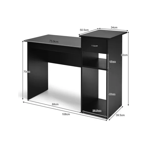 Bureau Noir avec avec Tiroir et 2 Compartiments de Rangement Bureau Informatique Bureau d'Ordinateur