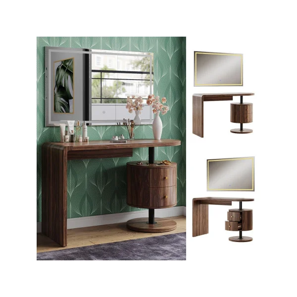 Coiffeuse Epurée Chêne Rustique 2 Tiroirs + Miroir LED Table Manucure Coiffeuse Femme Moderne