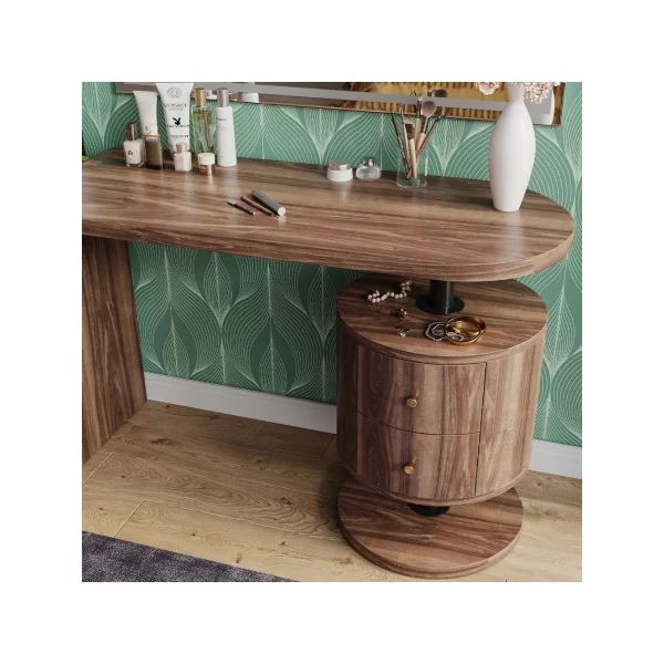 Coiffeuse Epurée Chêne Rustique 2 Tiroirs + Miroir LED Table Manucure Coiffeuse Femme Moderne