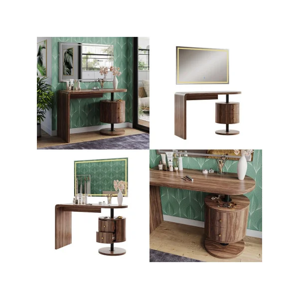Coiffeuse Epurée Chêne Rustique 2 Tiroirs + Miroir LED Table Manucure Coiffeuse Femme Moderne