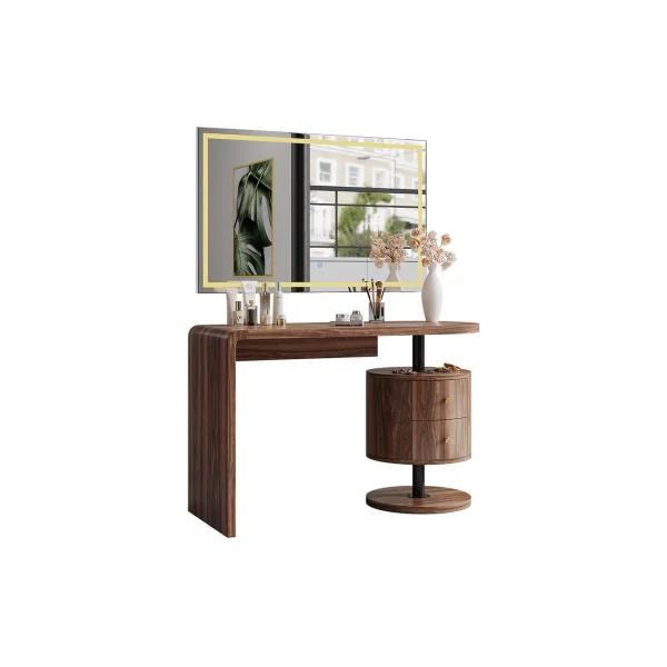 Coiffeuse Epurée Chêne Rustique 2 Tiroirs + Miroir LED Table Manucure Coiffeuse Femme Moderne