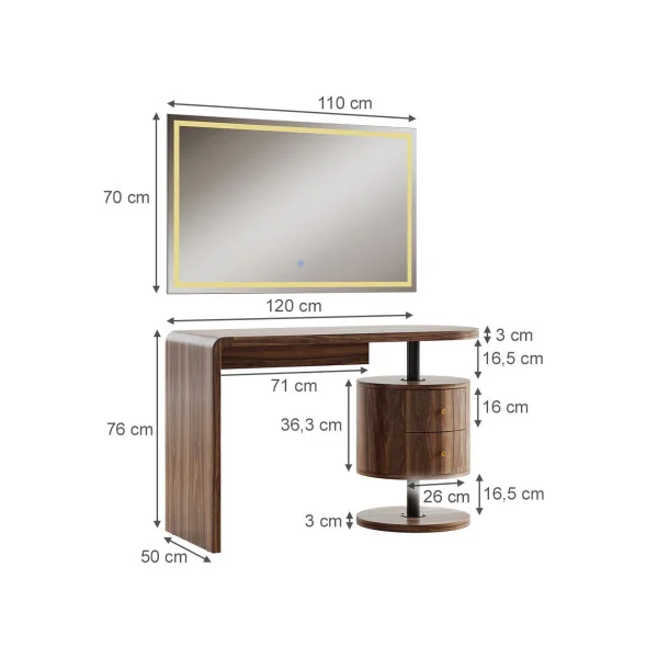 Coiffeuse Epurée Chêne Rustique 2 Tiroirs + Miroir LED Table Manucure Coiffeuse Femme Moderne