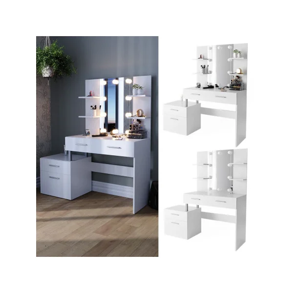 Coiffeuse LED 4 Tiroirs Blanc avec Miroir Moderne Table Maquillage Femme Coiffeuse Chambre