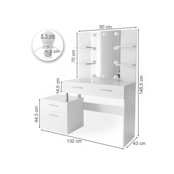 Coiffeuse LED 4 Tiroirs Blanc avec Miroir Moderne Table Maquillage Femme Coiffeuse Chambre