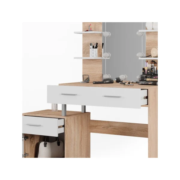 Coiffeuse LED 4 Tiroirs Blanc et Chêne avec Miroir Moderne Table Maquillage Femme Coiffeuse Chambre