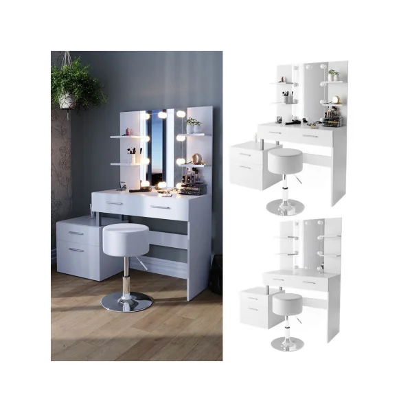 Coiffeuse LED + Tabouret 4 Tiroirs Blanc avec Miroir Moderne Table Maquillage Femme Coiffeuse Chambre