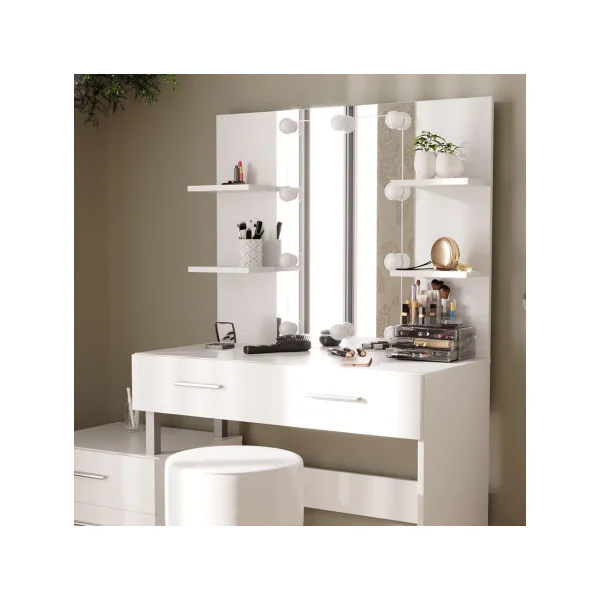 Coiffeuse LED + Tabouret 4 Tiroirs Blanc avec Miroir Moderne Table Maquillage Femme Coiffeuse Chambre