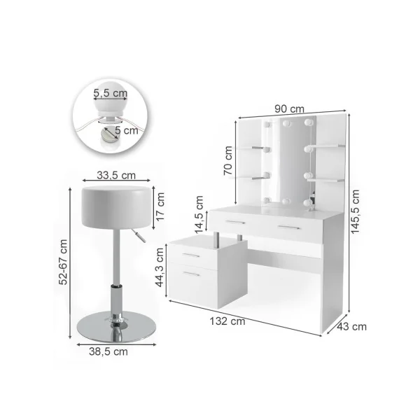 Coiffeuse LED + Tabouret 4 Tiroirs Blanc avec Miroir Moderne Table Maquillage Femme Coiffeuse Chambre