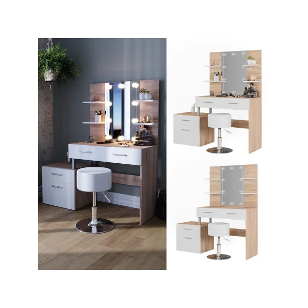 Coiffeuse LED + Tabouret 4 Tiroirs Blanc et Chêne avec Miroir Moderne Table Maquillage Femme Coiffeuse Chambre