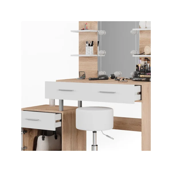 Coiffeuse LED + Tabouret 4 Tiroirs Blanc et Chêne avec Miroir Moderne Table Maquillage Femme Coiffeuse Chambre