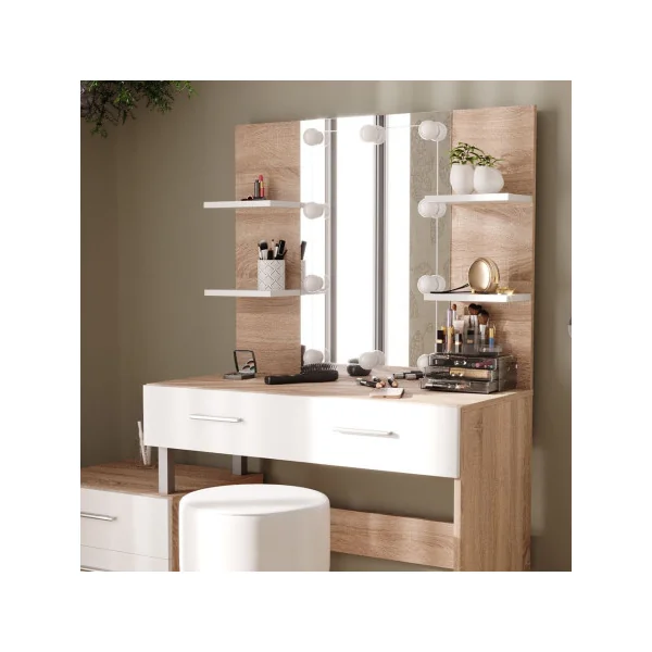 Coiffeuse LED + Tabouret 4 Tiroirs Blanc et Chêne avec Miroir Moderne Table Maquillage Femme Coiffeuse Chambre