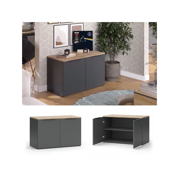 Commode 2 Portes Anthracite et Chêne Commode Chambre Commode Salon Moderne