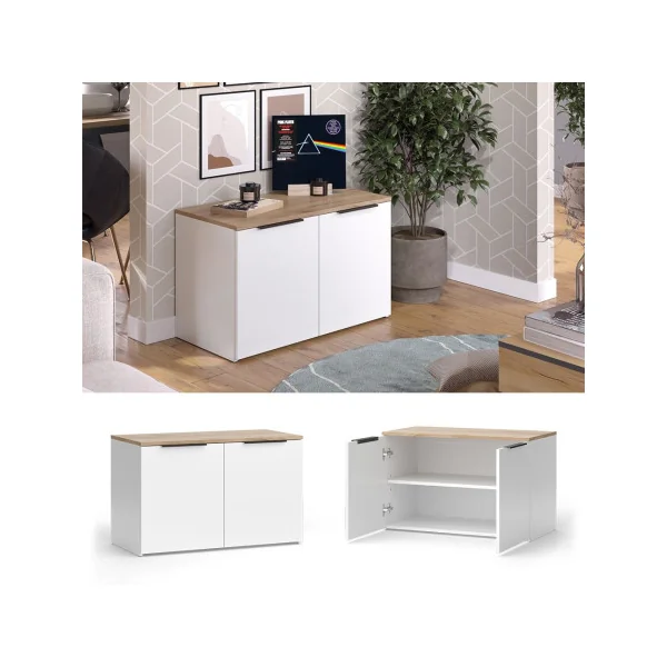 Commode 2 Portes Blanc et Chêne Commode Chambre Commode Salon Moderne