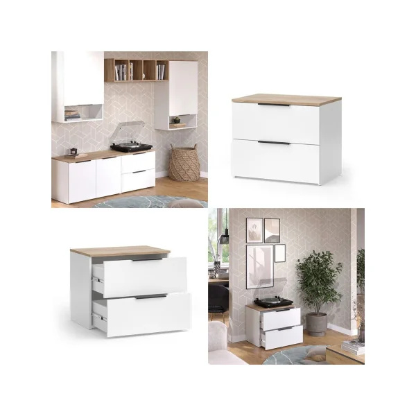 Commode 2 Tiroirs Blanc et Chêne Commode Chambre Commode Salon Moderne