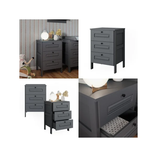Commode 3 Tiroirs Grise Commode Chambre Salon Meuble de Rangement Enfant