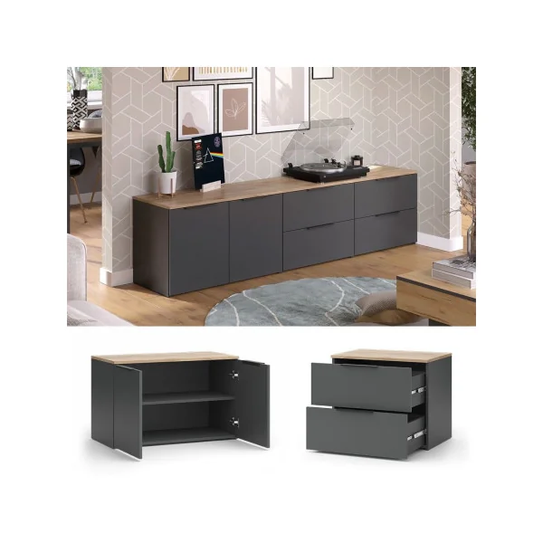 Commode 4 Anthracite et Chêne Commode Chambre Commode Salon Moderne