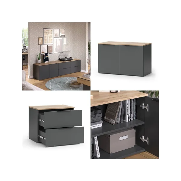 Commode 4 Anthracite et Chêne Commode Chambre Commode Salon Moderne