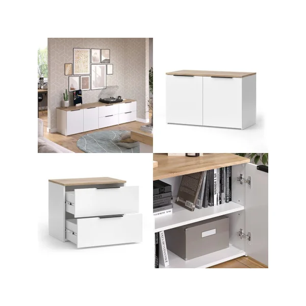 Commode 4 Tiroirs Blanc et Chêne Commode Chambre Commode Salon Moderne