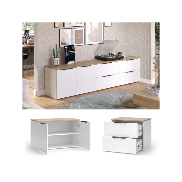 Commode 4 Tiroirs Blanc et Chêne Commode Chambre Commode Salon Moderne