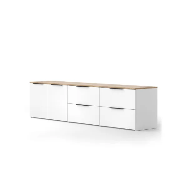 Commode 4 Tiroirs Blanc et Chêne Commode Chambre Commode Salon Moderne