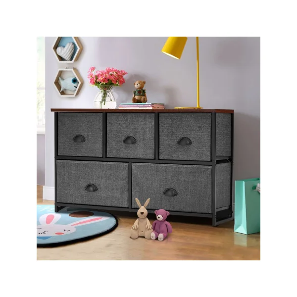 Commode 5 Tiroirs Tissu Grise et Noir Meuble de Rangement Salon Chambre Cadre Métal