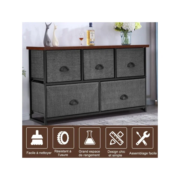 Commode 5 Tiroirs Tissu Grise et Noir Meuble de Rangement Salon Chambre Cadre Métal