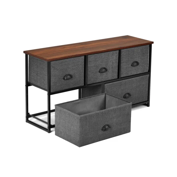 Commode 5 Tiroirs Tissu Grise et Noir Meuble de Rangement Salon Chambre Cadre Métal