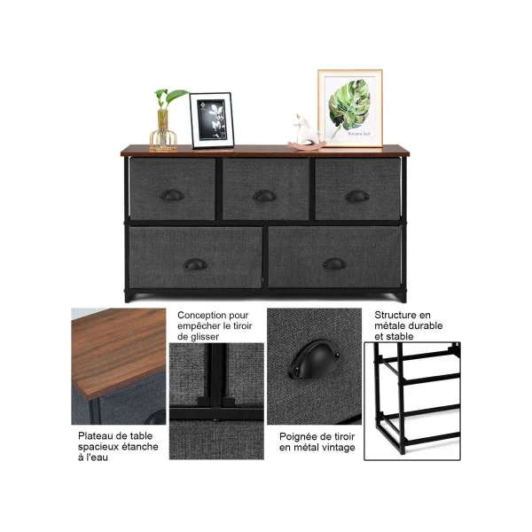 Commode 5 Tiroirs Tissu Grise et Noir Meuble de Rangement Salon Chambre Cadre Métal