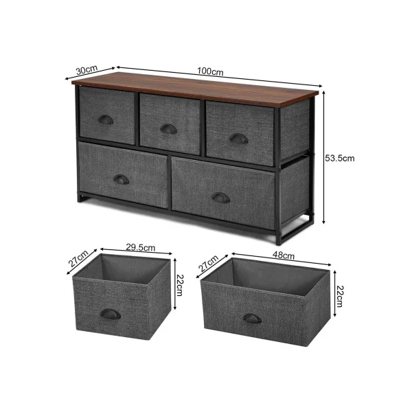 Commode 5 Tiroirs Tissu Grise et Noir Meuble de Rangement Salon Chambre Cadre Métal