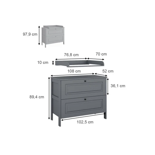 Commode à Langer Grise 2 Tiroirs Table Langer Gris Plan à Langer Amovible