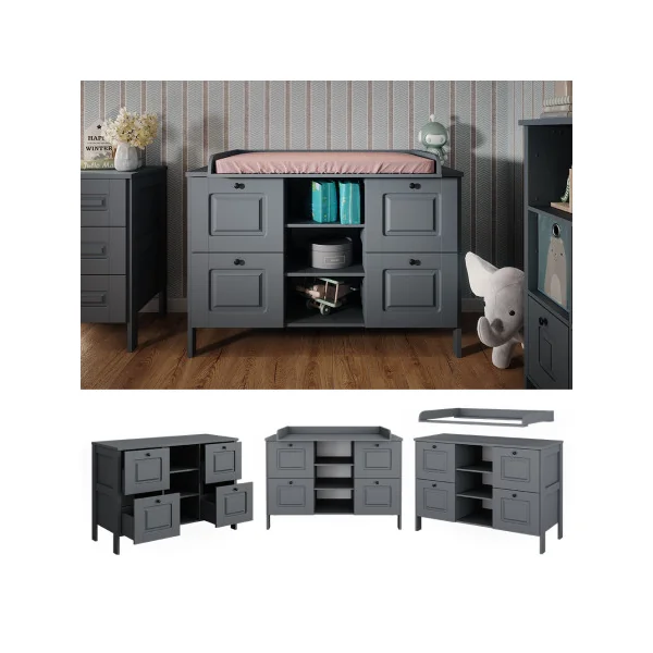 Commode à Langer Grise 4 Tiroirs 3 Rangements Table Langer Gris Plan à Langer Amovible