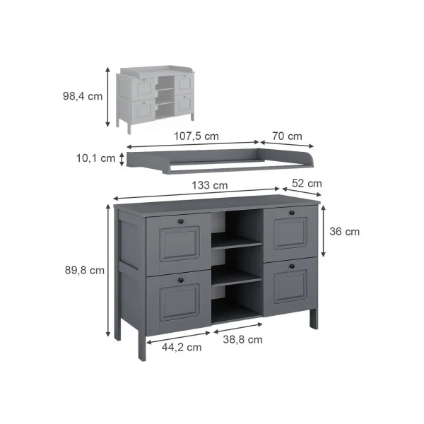Commode à Langer Grise 4 Tiroirs 3 Rangements Table Langer Gris Plan à Langer Amovible