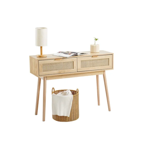 Console Chêne et Rotin Naturel 2 tiroirs Table d'Entrée Couloir Séjour Chambre