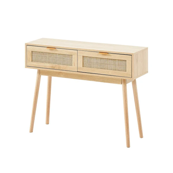 Console Chêne et Rotin Naturel 2 tiroirs Table d'Entrée Couloir Séjour Chambre