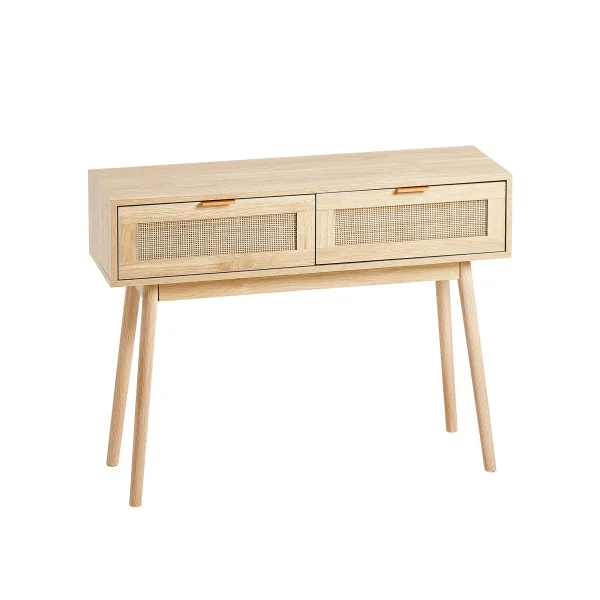 Console Chêne et Rotin Naturel 2 tiroirs Table d'Entrée Couloir Séjour Chambre