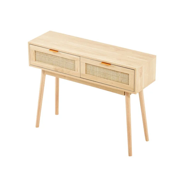 Console Chêne et Rotin Naturel 2 tiroirs Table d'Entrée Couloir Séjour Chambre