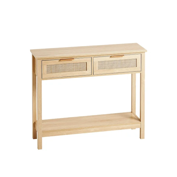Console en Rotin Naturel avec Etagère 2 tiroirs Table d'Entrée Couloir Séjour Chambre