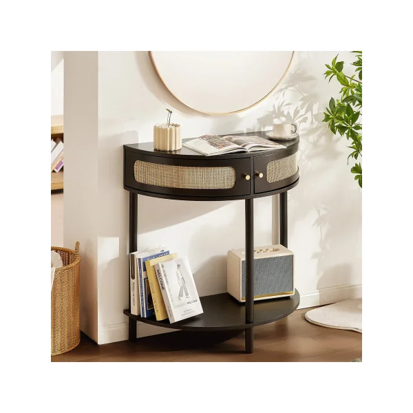 Console Noir en Rotin Naturel Demi Lune avec Etagère 2 tiroirs Table d'Entrée Couloir Séjour Chambre