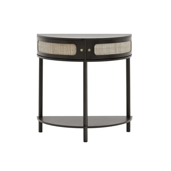Console Noir en Rotin Naturel Demi Lune avec Etagère 2 tiroirs Table d'Entrée Couloir Séjour Chambre