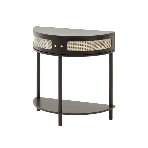 Console Noir en Rotin Naturel Demi Lune avec Etagère 2 tiroirs Table d'Entrée Couloir Séjour Chambre