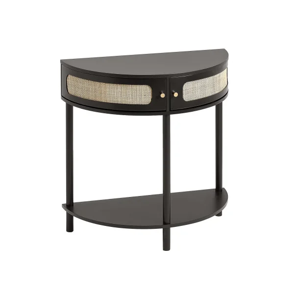 Console Noir en Rotin Naturel Demi Lune avec Etagère 2 tiroirs Table d'Entrée Couloir Séjour Chambre